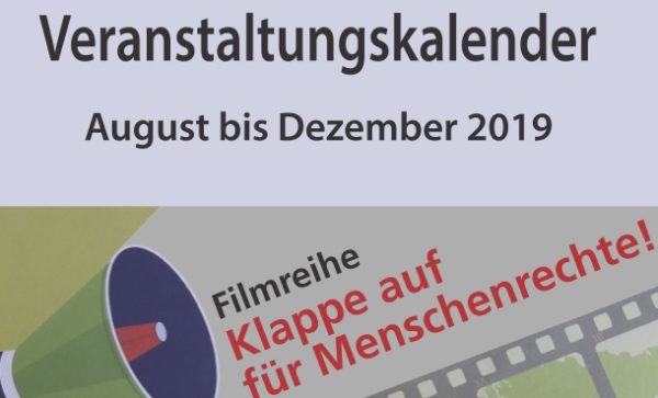 VAMOS_Halbjahresprogramm 2019_Cover Foto mit Flüstertüte und der Schrift: Veranstaltungskalender August bis Dezember 2019, Vamos, Filmreihe Klappe auf für Menschenrechte