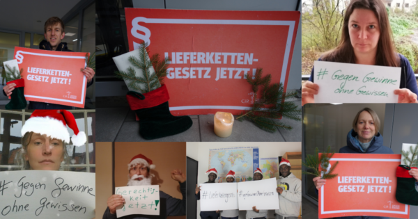 Lieferkettengesetz_Collage Lieferkettengesetz jetzt! Mehrere Personen halten Plakate in die Kamera.