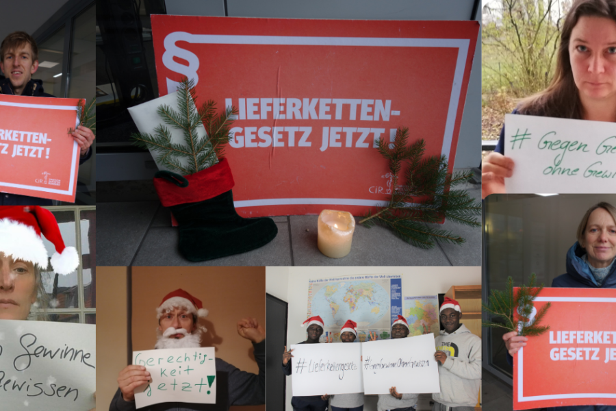 Lieferkettengesetz jetzt! Mehrere Personen halten Plakate in die Kamera.