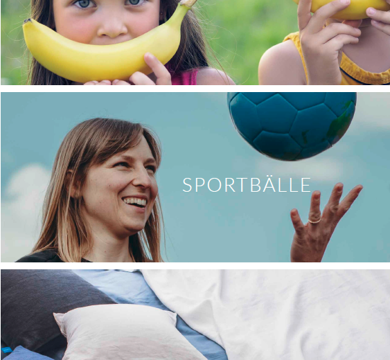 21-2-18_SharepicÖkofaireBeschaffung Kinder mit Bananen, eine Frau, die einen Ball hochwirft und Bettwäsche