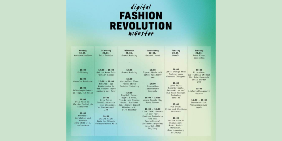 Fashion Revoution Week Münster 2021 Auf dem Bild ist das Programm der Fashion Revoution Week Münster 2021 abgebildet.