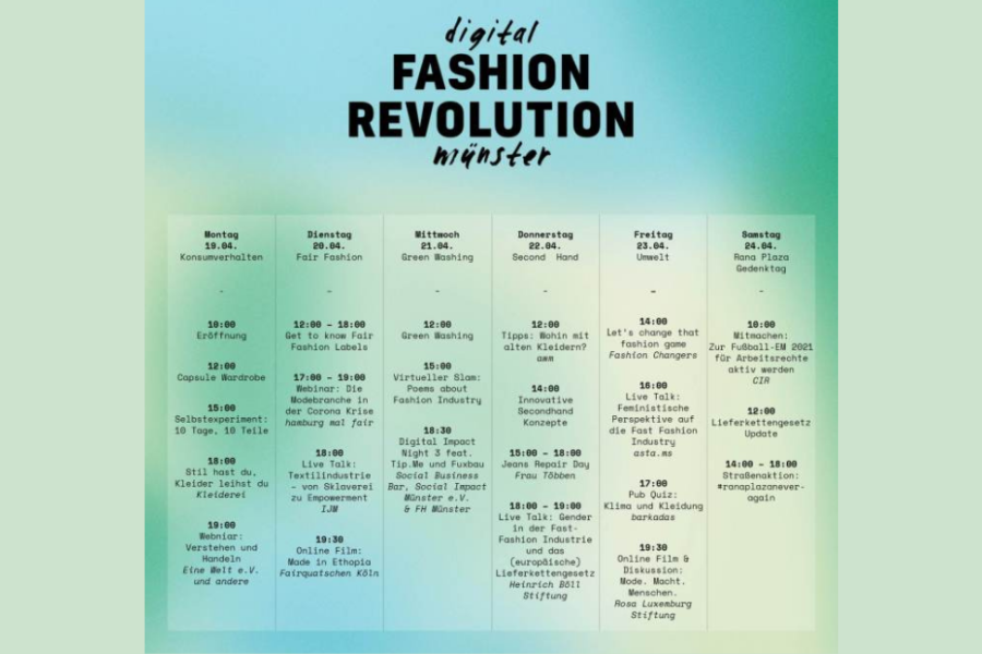 Fashion Revoution Week Münster 2021 Auf dem Bild ist das Programm der Fashion Revoution Week Münster 2021 abgebildet.