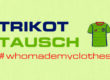 Eine Grafik zur Hintergrundbroschüre in grün mit einem Sporttrikot drauf und dem Schriftzug TRIKOT TAUSCH und dem #whomademyclothes