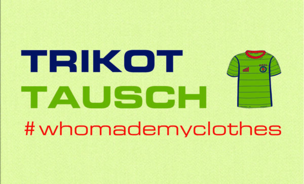 Eine Grafik zur Hintergrundbroschüre in grün mit einem Sporttrikot drauf und dem Schriftzug TRIKOT TAUSCH und dem #whomademyclothes
