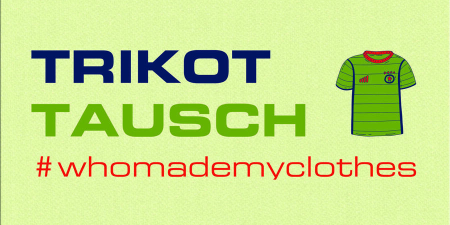 Eine Grafik zur Hintergrundbroschüre in grün mit einem Sporttrikot drauf und dem Schriftzug TRIKOT TAUSCH und dem #whomademyclothes