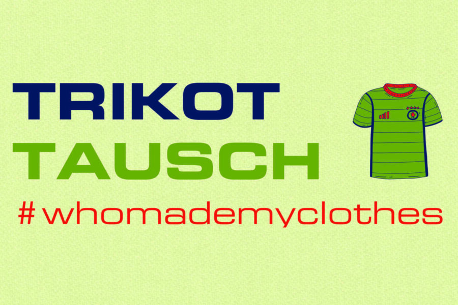 Eine Grafik zur Hintergrundbroschüre in grün mit einem Sporttrikot drauf und dem Schriftzug TRIKOT TAUSCH und dem #whomademyclothes