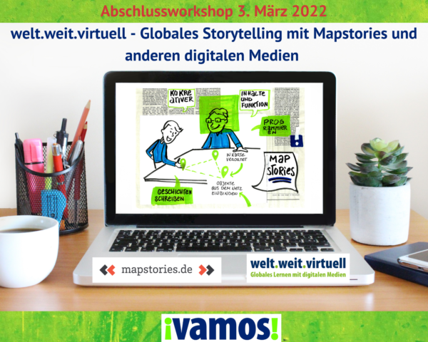 Bild mit der Überschrift Abschlussveranstaltung, und einem Laptop mit einem Bild über digitales lernen.