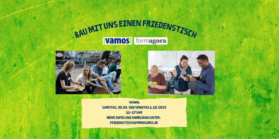 auf einem grünen Untergrund sind die Informationen über die Veranstaltung in blauer Schrift geschrieben. Außerdem sind zwei Fotos von Menschen zu sehen, die an Holzstücken schmirgeln.