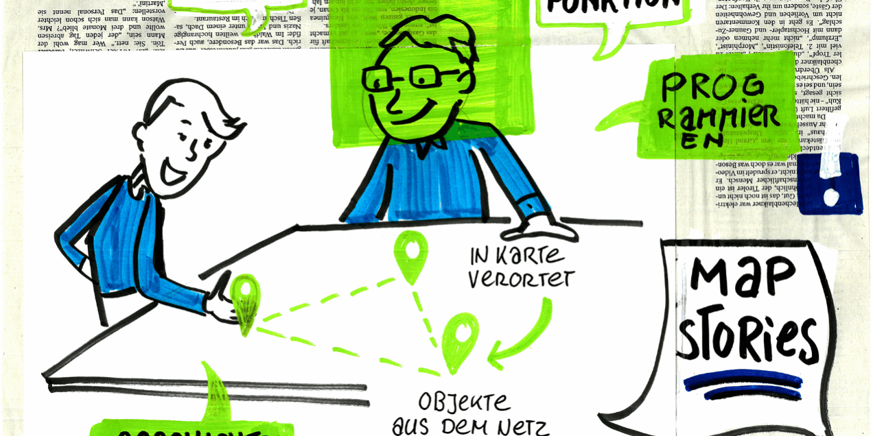 Auf der Infografik sieht man zwei Personen, die an einem Tisch planen, wie sie ihre Mapstory erstellen möchten.