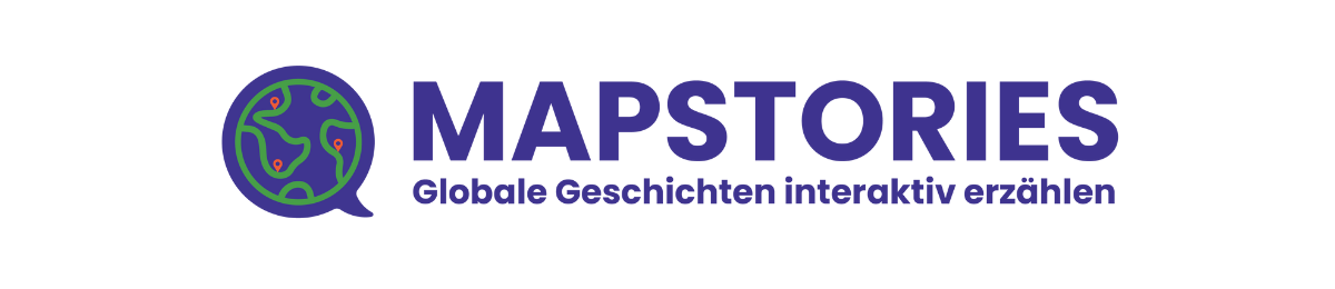 Auf dem Bild sieht man das Logo von Mapstories: ein Globus mit drei Markern innerhalb einer Sprechblase. Zudem ist ein Untertitel angegeben: Globale Geschichten interaktiv erzählen