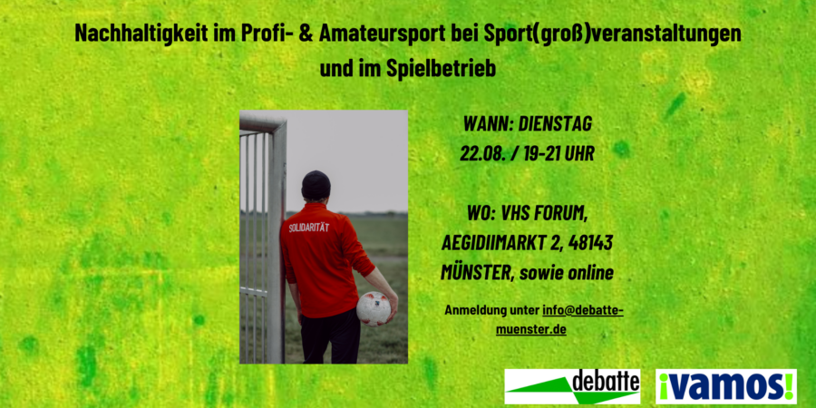 Auf einem grünen Untergrund ist ein Foto eines Mannes eingefügt, der in einem roten Triko in die Ferne schaut, in der Hand hält er einen Ball Rechts von dem Bild sind die Informationen über die Veranstaltung abgedruckt