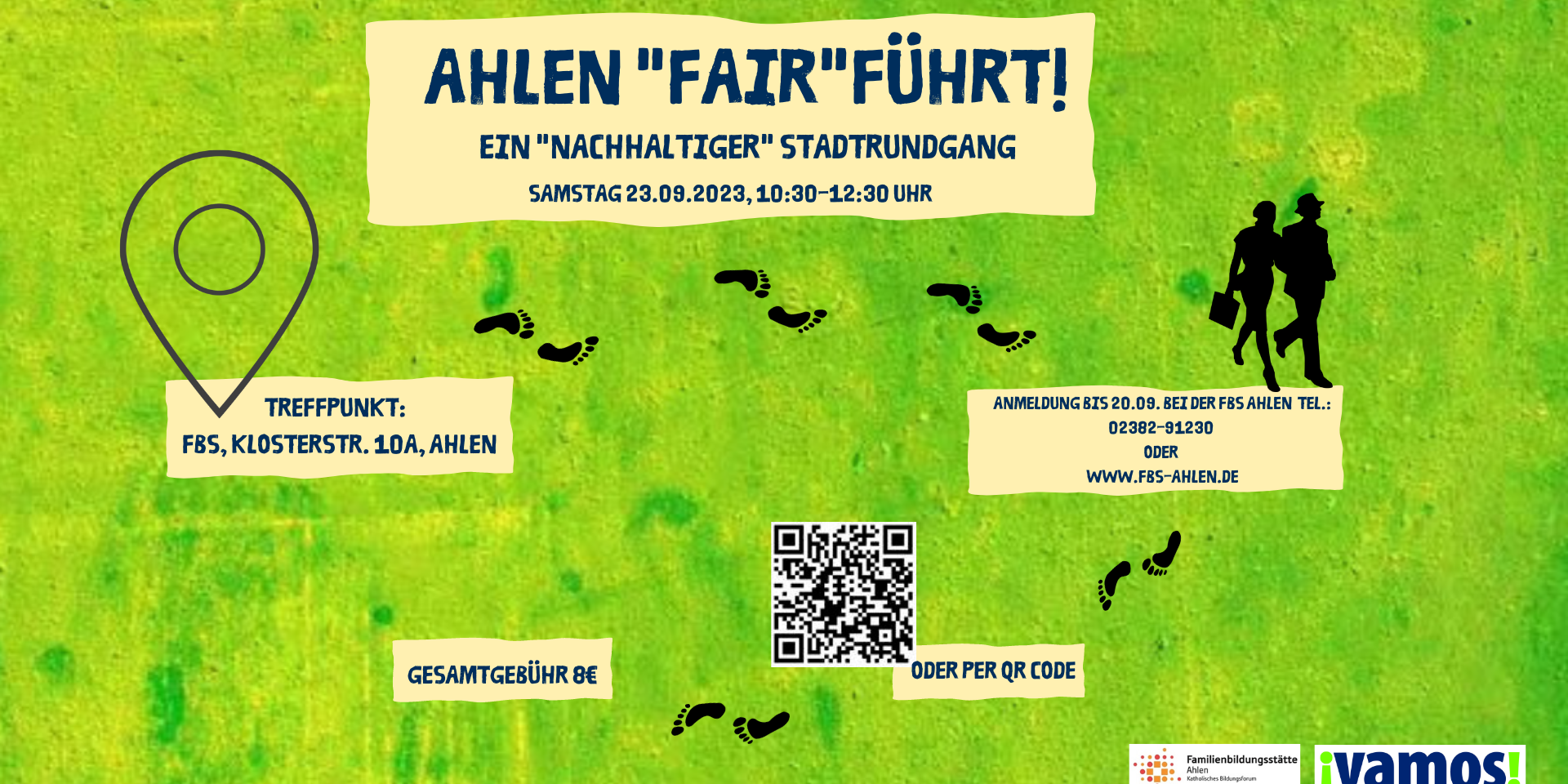 Sharepic Stadtführung Facebook Format Auf grünem Untergrund sind die wichtigsten Informationen über die Stadtführung zu finden. Der Text ist gelb unterlegt und von schwarzen Fußabdrücken verbunden