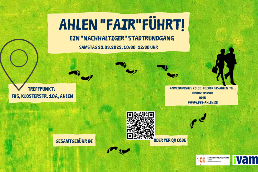 Auf grünem Untergrund sind die wichtigsten Informationen über die Stadtführung zu finden. Der Text ist gelb unterlegt und von schwarzen Fußabdrücken verbunden