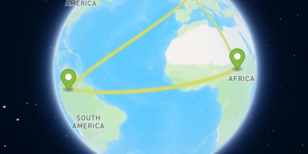 Globus mit drei verbunden Markern zur Erklärung einer Mapstory